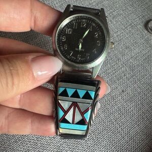 Navajo Sterling Watch w/ Geometric Turquoise, Onyx, Mother of Pearl Inlay